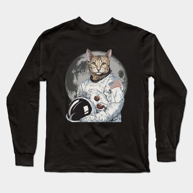 Astronaut Space Cat Moon Long Sleeve T-Shirt by shopkittycat